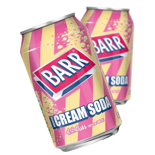 Two cream and pink BARR Cream Soda cans